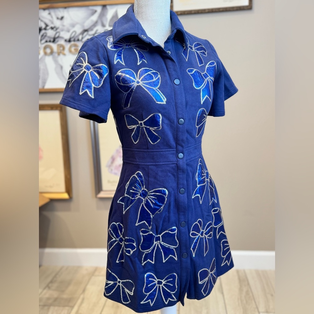 New! QUEEN OF SPARKLES Blue and Silver Metallic Bow Mini Dress